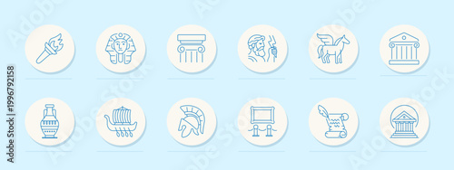 Ancient civilization set icon. Outline series with torch flame, pharaoh mask, column capital, bearded statue, winged horse, temple facade, amphora vase, trireme ship, spartan helmet