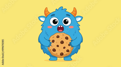 Cute Blue Monster Holding a Giant Cookie with Chocolate Chips Cartoon