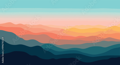 Vibrant Layered Mountain Range Vector Panorama with Teal Foreground and Colorful Sunset Sky Gradient