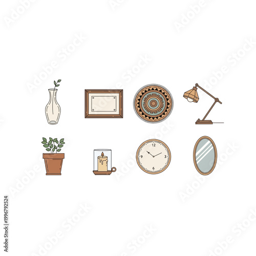 Collection of home decor interior design line icons with interior, furniture
