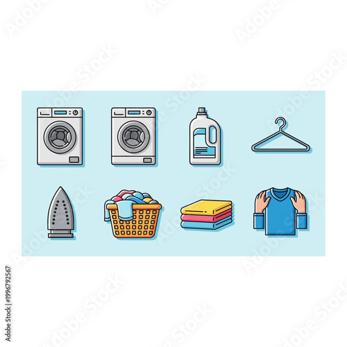 Laundry service icon set with washing machines and clothes cleaning detergent