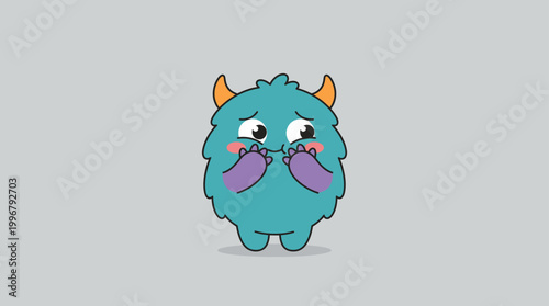 Cute Shy Blue Monster Character with Horns and Purple Paws Kawaii Cart