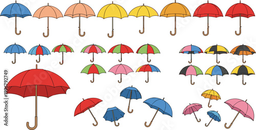 Large umbrella vector illustration set with various sizes, colors and styles, rain protection accessories collection