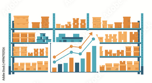 Warehouse inventory management and growth analysis visualized with shelves and a bar chart