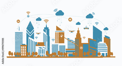 Smart city illustration displaying interconnected buildings, advanced digital technology, wireless communication, and integrated urban infrastructure for future development