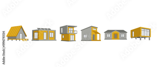 Modern House Icons Set, Tiny Home Designs and Contemporary Architectural Building Collection for Real Estate, Minimalist Vector Graphic Illustration of Prefabricated Modular Structures on White Backgr