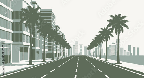 A palm-lined avenue leads towards a cityscape, suggesting urban development and a tropical destination