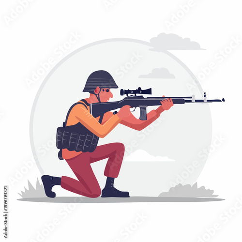 Soldier aiming sniper rifle in crouched position