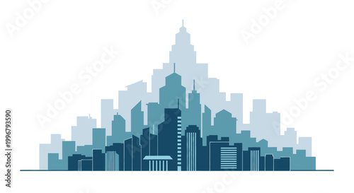 Contemporary flat vector city skyline illustration with layered architectural silhouettes, depicting a clean and modern urban environment ideal for diverse design and banner projects