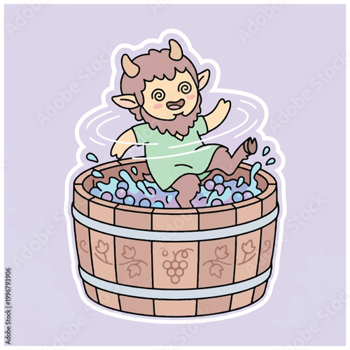 Foto Cute cartoon faun character having fun in a wooden barrel full of bubbles