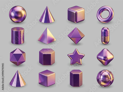 Konstfotografi Purple metallic 3D geometric shapes set including spheres cones cubes and prisms