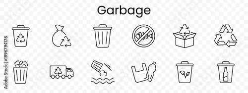 Garbage set icon. Outline waste management symbols, recycle bin, trash bag, trash can, no fish sign, recycle box, recycle arrows, waste basket, recycle truck, water pollution, plastic bag, eco bin