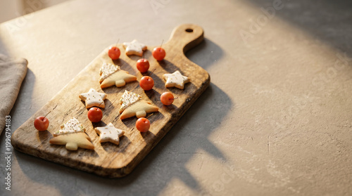 Christmas cookies on wooden board with sunlight and copy space