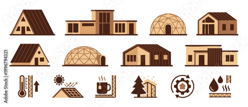 Modern House Architecture Icons Set, Eco Friendly Sustainable Building Design Collection with Energy Efficiency Symbols for Construction and Green Real Estate Planning, Flat Vector Infographic Illustr
