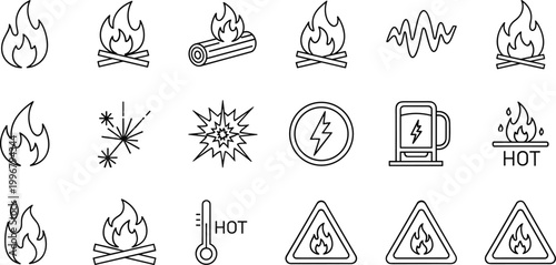 Fire, Heat, and Hazard Warning Vector Icons Featuring Flames, Explosions, Thermometers, and Safety Signs for Emergency and Safety Projects
