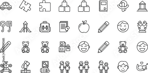 Children's Education, Learning, and Play Vector Icons Featuring School, Books, Toys, and Development for Educational Projects