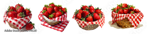 Fresh red strawberries overflowing from rustic woven baskets. Showcasing a harvest of sweet summer fruit. Ready for a delightful picnic or healthy snack