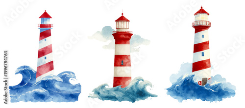 Three watercolor lighthouses standing on crashing ocean waves, representing safety, guidance, navigation, hope, and maritime direction amidst a stormy sea