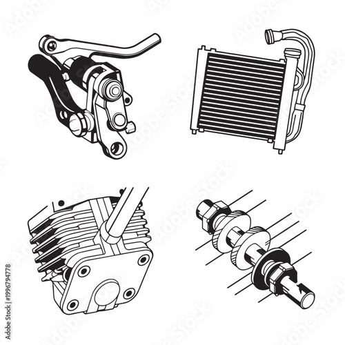 Brake Caliper, Radiator and Engine Components Illustration Set