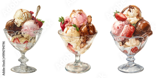 Three colorful watercolor sundaes featuring scoops of vanilla, chocolate, and strawberry ice cream, layered with fruit, nuts, and toppings, celebrating sweet indulgence and summer treats