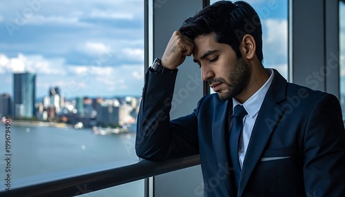 Businessman stressed on office balcony overlooking city.