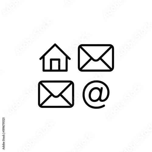 Email icon set with house and at symbol for online communication