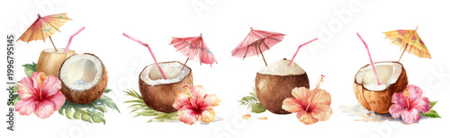 Coconut cocktails presented with decorative paper umbrellas, pink straws, delicate hibiscus flowers, and lush green palm leaves, depicting a refreshing tropical watercolor design