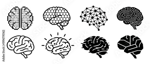 Brain Icons Set, Artificial Intelligence Technology and Digital Neural Networks, Vector Illustration of Human Brain Symbols in Binary Code, Circuit Board, and Abstract Geometric Style for UI and Web D