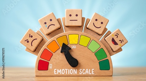 Wooden emotion scale measuring happiness anger sadness and neutral faces with colored indicators