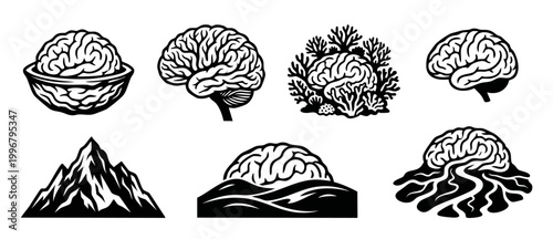 Human Brain Icon Set Black and White Vector Illustration of Creative Mind Concepts, Brainstorming, Intellectual Growth, Mental Wellness, Abstract Symbols for Business, Education, Psychology and Scienc