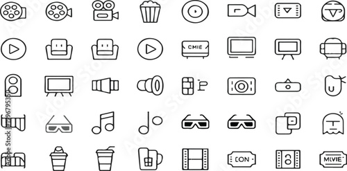 A collection of cinema and related line featuring reels, popcorn, cameras, tickets, and entertainment symbols organized in a grid layout on a white background, for media projects