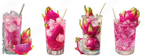 Varieties of dragon fruit iced drinks in glasses with ice and straws, exploring refreshing pitaya beverages for summer, healthy tropical fruit smoothies, or vibrant cocktails