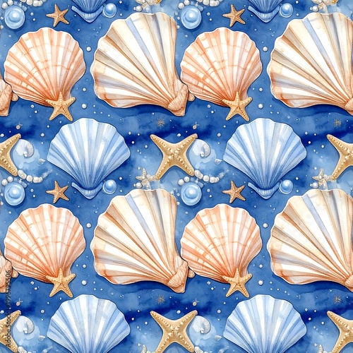 Watercolor pattern of ocean shells, starfish, and pearls against a blue background