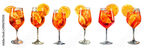 Watercolor illustration of six tall orange cocktails with ice and citrus slices on a white background, evoking refreshing summer drinks, parties, and celebratory toasts
