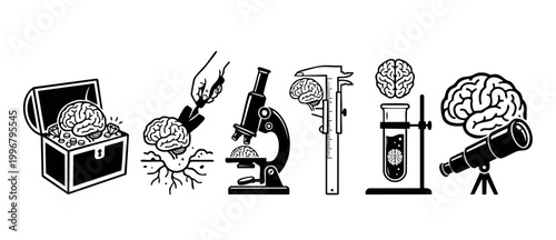 Brain Research Concept Icons Set, Human Mind Analysis and Discovery Symbols, Microscope and Telescope with Thinking Brain, Scientific Investigation and Intellectual Treasure Hunt Graphics in Vector St