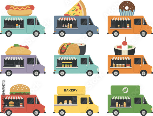 Food truck collection set, street vendor vehicles with fast food, bakery, sushi cartoon vector illustration