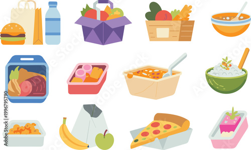Food variety set, groceries meals fruits vegetables takeout boxes, healthy eating vector illustration collection