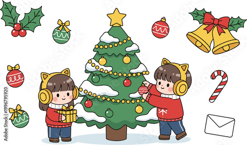 Cute Kids Decorating Christmas Tree with Ornaments, Gifts, and Holiday Decorations for Christmas, Winter, and Festive Designs