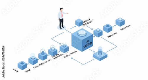 Fotografie A man standing next to a large blue database block with various smaller blocks connected to it