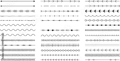 Collection of hand-drawn decorative dividers and horizontal line separators, featuring various geometric patterns, wavy lines, dots, arrows, and dashes isolated on a clean white background set