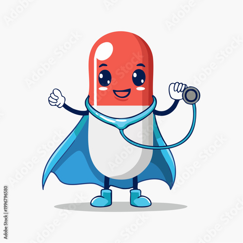 Cute Cartoon Pill Character as Superhero Doctor with Stethoscope