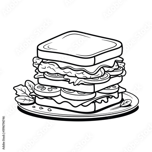 Delicious stacked sandwich with lettuce and tomato on a plate outlined for coloring