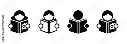 Reading book icon set representing education learning reader activity read book symbol clean vector design isolated on white background