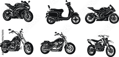 Collection of black motorcycle silhouettes featuring sport bike motor scooter chopper cruiser and dirt bike isolated on white background vector illustration set