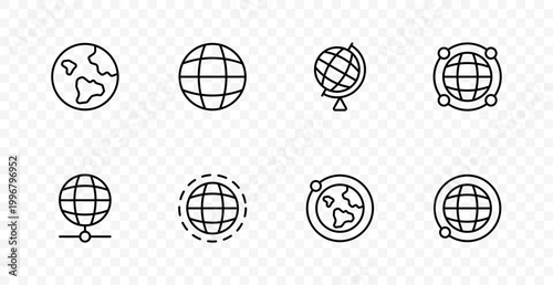 Global network set icon. Earth planet, globe grid, world connection, international communication, location point, orbit system, geography, global technology, internet