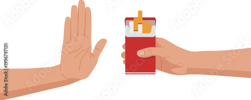 Anti-smoking concept vector, hand making stop gesture to cigarette pack, person refusing tobacco product for healthy lifestyle campaign