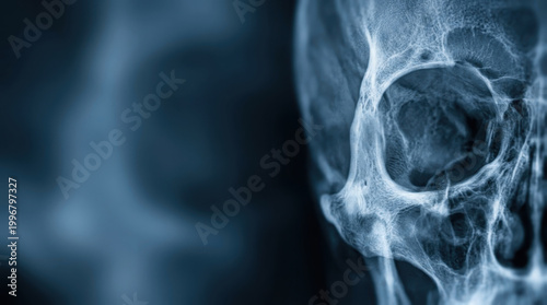 X ray scan medical skull cranium radiology anatomy head bone diagnostic imaging blue tone close up medical x ray scan showing skull cranium anatomy bone structure for radiology diagnostic imaging