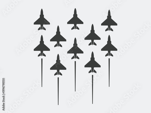 Group of fighter jets in aerial formation flying together.