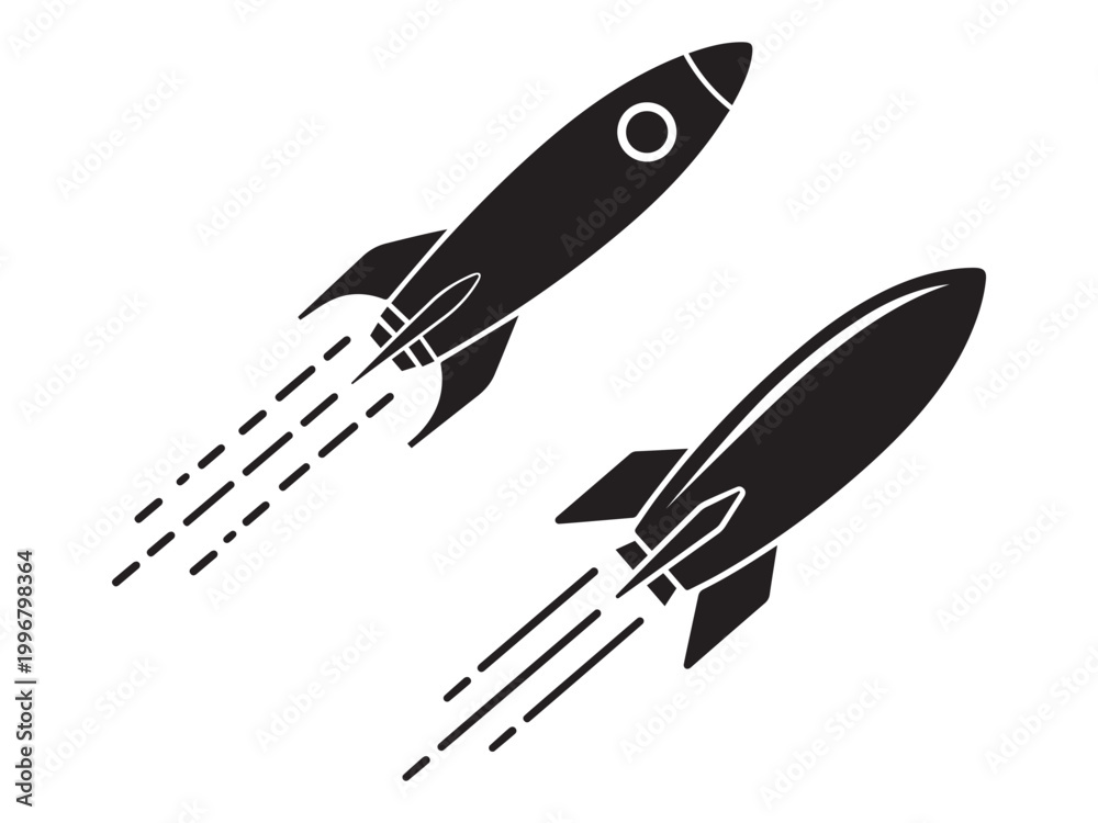 Obraz premium Two rockets launching into sky speed forward momentum launch start progress journey.