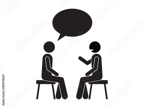 Two people sitting on stools talking with large speech bubble.